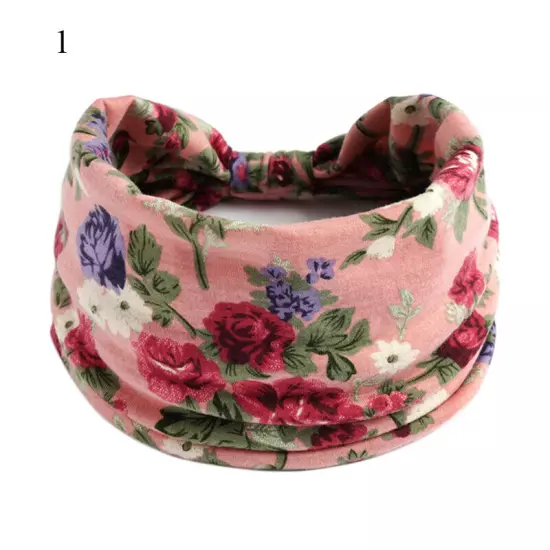 Women Boho Flower Print Wide Headband Vintage Knot Elastic Turban Headwrap *