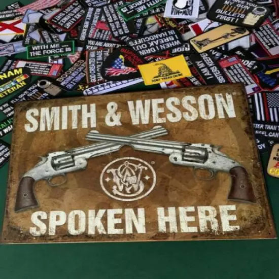 SMITH & WESSON SPOKEN HERE METAL TIN SIGN W/ FREE PATCH dtom gun vintage decor