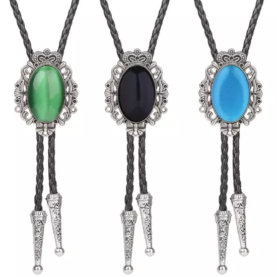 Vintage Men Bolo Tie Western Cowboy Wedding Crown Agate Turquoise Alloy Necklace