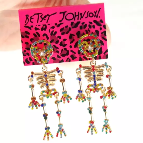 NEW BETSEY JOHNSON MULTICOLOR RHINESTONE SKELETON HALLOWEEN DROP DANGLE EARRINGS