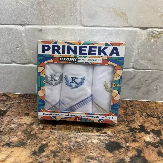 Prineeka Initial "K" Handkerchiefs for Men Monogrammed Boxed 6 Pc Cotton