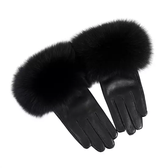 Women Genuine Lambskin Leather Gloves With Real Fox Fur Trim Cuff Winter Warm