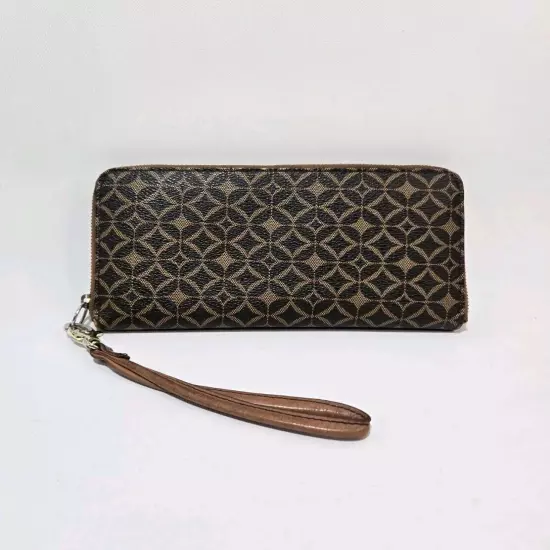 Fossil Clutch Wallet Zip Around Brown Leather Geometric Pattern