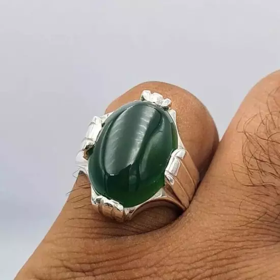 Handmade Silver Ring - Green Yemeni Aqeeq Yamani Akik Agate