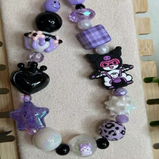 Cute Handmade Sanrio Cell Phone Strap | Kuromi | Hand-Painted Beads | Bag Charm