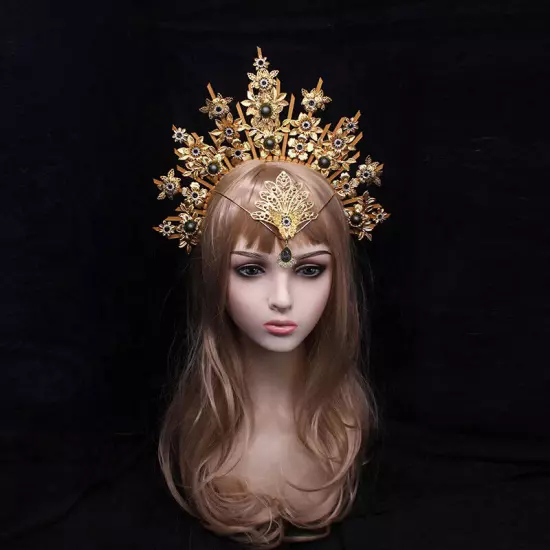 Antique Women Baroque Cross Goddess Halo Crown Headband Virgin Mary Headpieces