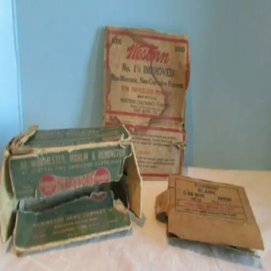 VINTAGE LOT OF 3 RIPPED WESTERN-KLEANBORE BLANK CARTRIDGE SHELLS Box Empty