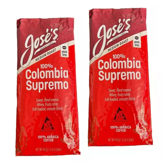 2-PACK Jose's Whole Bean Coffee Columbia Supremo, Medium Roast 3 Lbs, TOTAL 6 LB