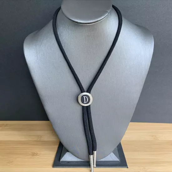 Vintage SWANK Letter D Bolo Tie Silver Tone Black Cord Country Western Wear