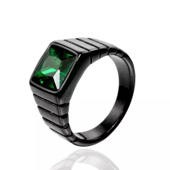 Square Green CZ Black Signet Ring Stainless Steel Men Women Classic Wedding Ring