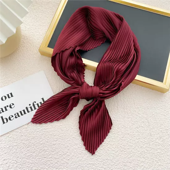 Women's Square Silk Pleated Head Hair Neck Scarf Satin Neckerchief Scarf