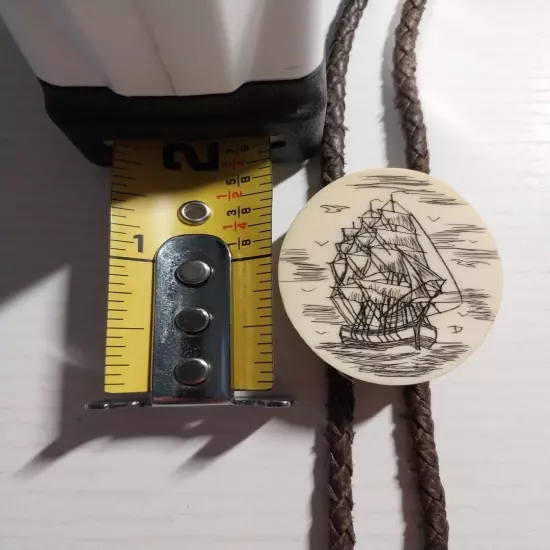 Vintage Scrimshaw Bolo Tie With Ship