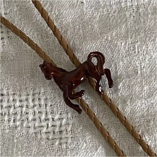 Bolo Tie Enamel Horse Prancing Western Ranch Rodeo Leather Braid Cord Brown