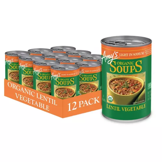 Amy’s Soup, Vegan Light in Sodium Lentil Vegetable Soup, Gluten Free, Made Wi...