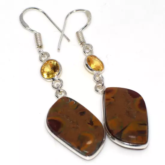 Fruit Jasper Citrine 925 Silver Plated Long Earrings 2.1" Birthday Gift GW