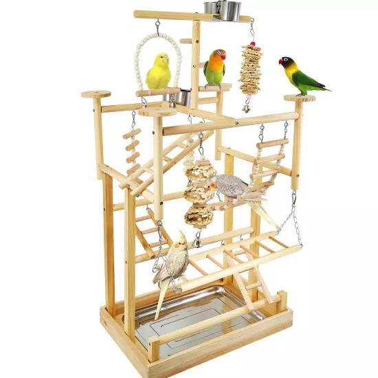 Bird Playground Parrot Playstand Natural Wood Bird Perches Stand, Bird Play G...