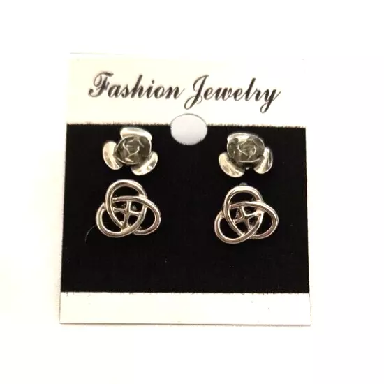 New Fashion Jewelry Women's 2 Pair Stud Earrings Silvertone Roses & Celtic Knots