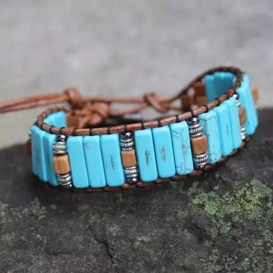 Men's Turquoise and Tiger Jasper Beaded Brown Leather Cuff Bracelet handmade USA