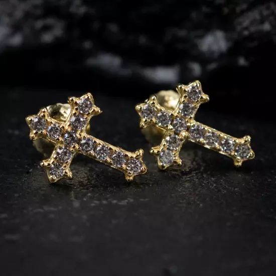 Small Gold Plated Men's Sterling Silver Iced Cross Stud Screw Back Earrings