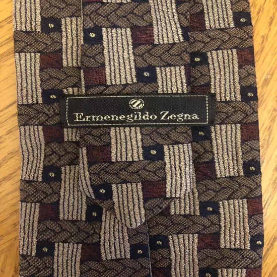 Ermenegildo Zegna Silk Tie, Italy Brown Black & Red Geometric Design