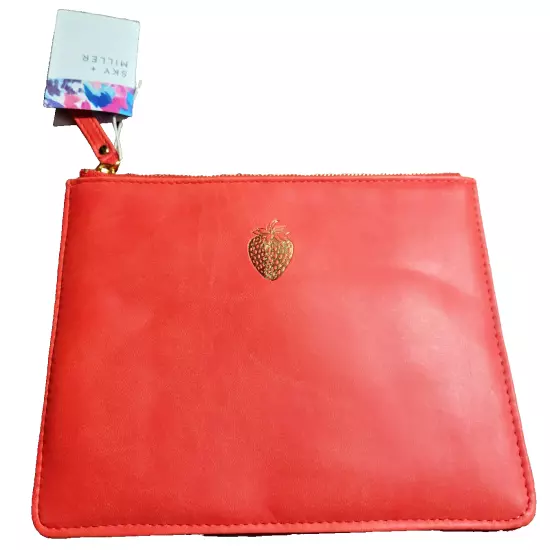 Sky & Miller Faux Leather Padded Zip Pouch Strawberry Orange Gold