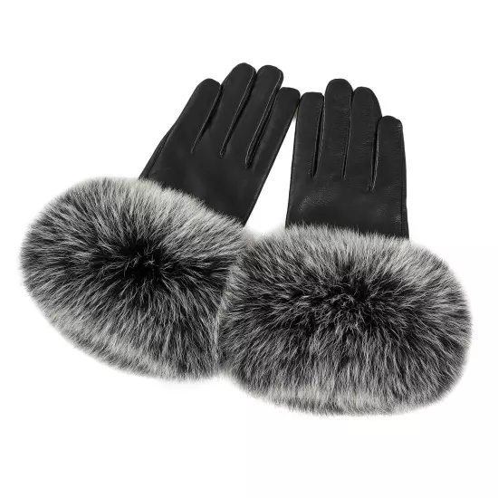 Women Genuine Lambskin Leather Gloves With Real Fox Fur Trim Cuff Winter Warm