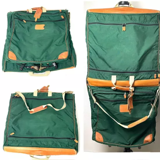 80s 90s LL BEAN Green Canvas Leather Folding Garment Carrying Bag Travel Vintage