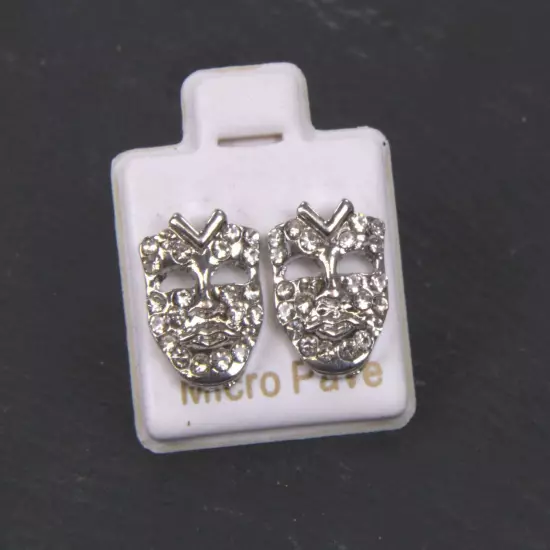 Small Silver Finish Hip Hop Mask Micro Pave Bling Rappers Stud Earrings