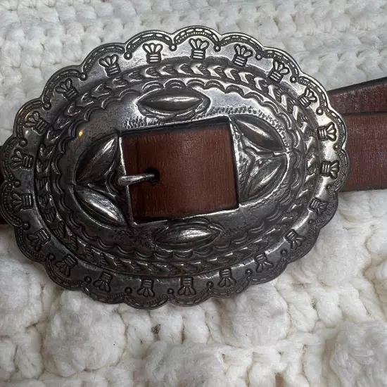 RALPH LAUREN Women's Large Western Concho Silver Medallion Brown Leather Belt