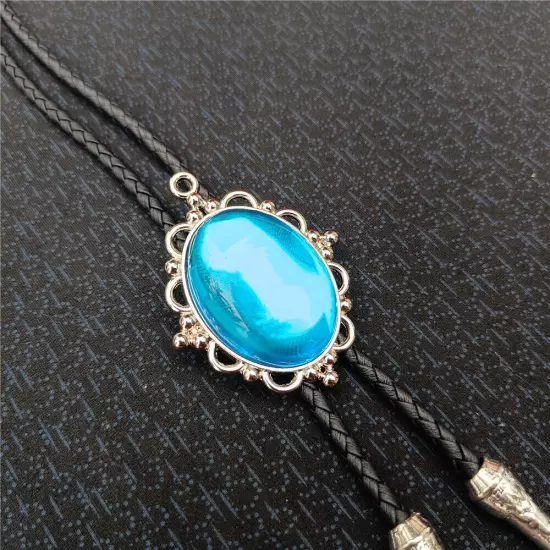 Vintage Men BOLO Tie Blue Gem Cabochon Necklace Wedding Alloy Western Cowboy