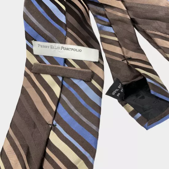 Perry Ellis Portfolio Brown Blue Repp Striped Necktie Silk Tie 3.5" x 60"