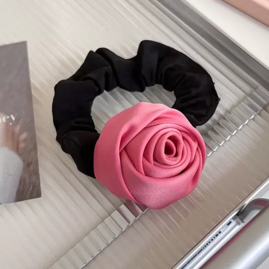 HairBand Silk Satin Rose Flower Ponytail Elastic Rope Ring Handmade Accessories