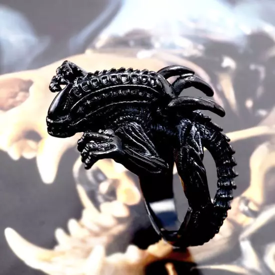 Black Alien Monster Ring Stainless Steel Lizard Alien Men's Vintage Biker Rings