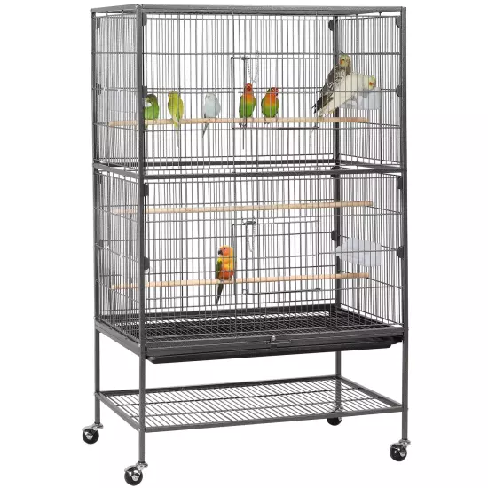 Metal 52" Large Rolling Bird Cage with 3 Perches and 4 Feeders, Black