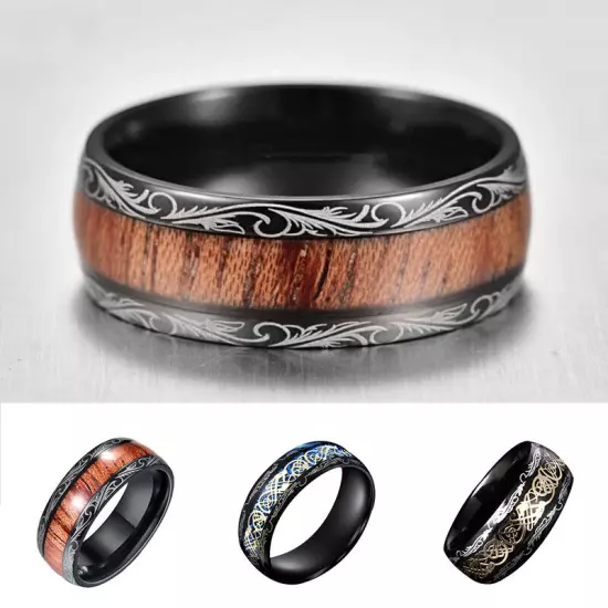 Mens Wood Inlay Stainless Steel Engagement Ring Men's Wedding Band Jewelry Gift^