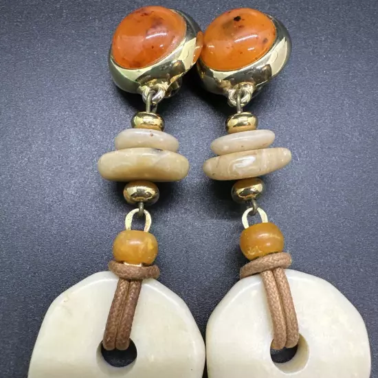 Vintage Costume Clip On Faux Amber & Bone Dangle Earrings 70s Boho Style