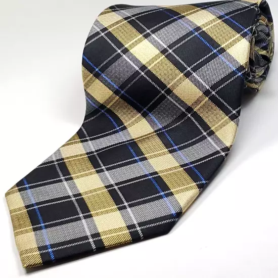 RALPH LAUREN CHAPS Handmade 100% Silk Tie Mens Gold Black Blue Plaid Necktie NEW