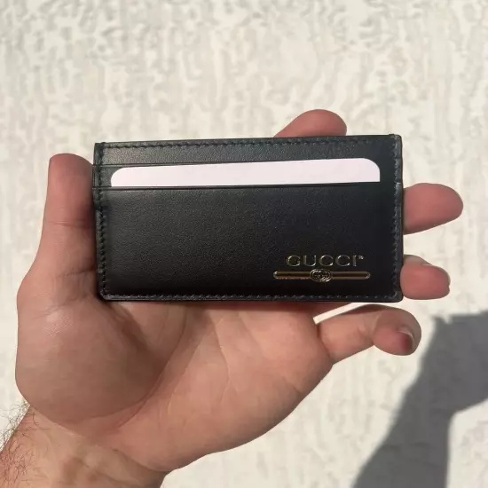 Gucci Logo Black Leather Card Holder Wallet Brand New Authentic