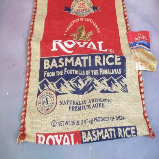 Royal Basmati Rice Bag 20lbs Burlap Handles Zipper Heavy Duty 25th Anniv NO RICE