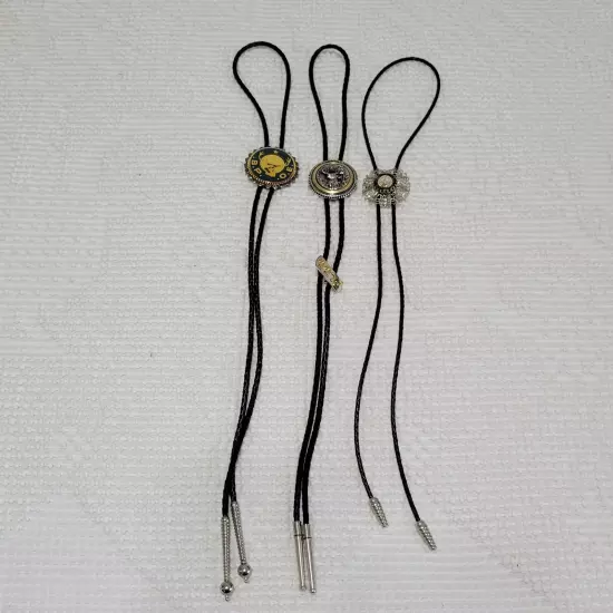 Lot of 3 BPOE Elks Lodge Bolo Tie - Silver Faux Leather Cord - Silver Tips