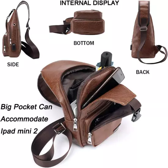 JUMO CYLY Mens Sling Bag, Leather Sling Bag with USB Charging Port Waterproof Ca