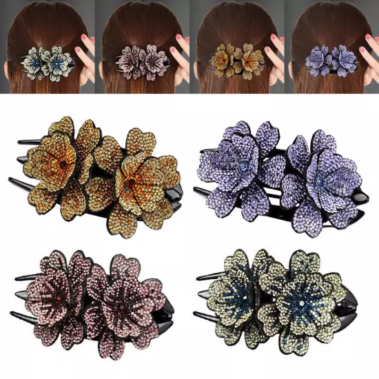 Ladies Rhinestone Double Flower Hair Clip Barrettes Crystal Comb Large Catch 1x-