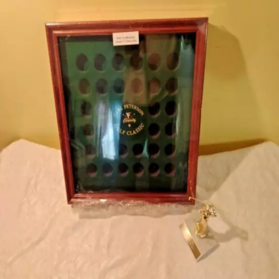 ORIGINAL "CARL PETERSON" WOOD GOLF BALLS DISPLAY CASE & A GOLDEN COLOR TROPHY