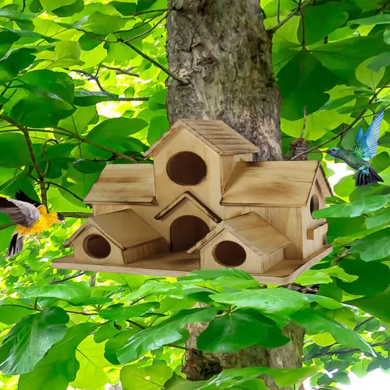 Bird House with 6 Holes Handmade Wooden Birdhouse Hanging Bird Nesting Box._