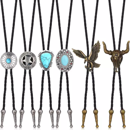 6 Pcs Leather Bolo Tie Turquoise Handmade round Shape Western Cowboy Native Amer