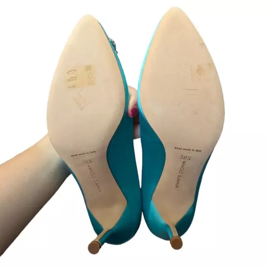 Manolo Blahnik Hangisi Pumps Turquoise Satin Light Blue Crystal Embellished 8.5