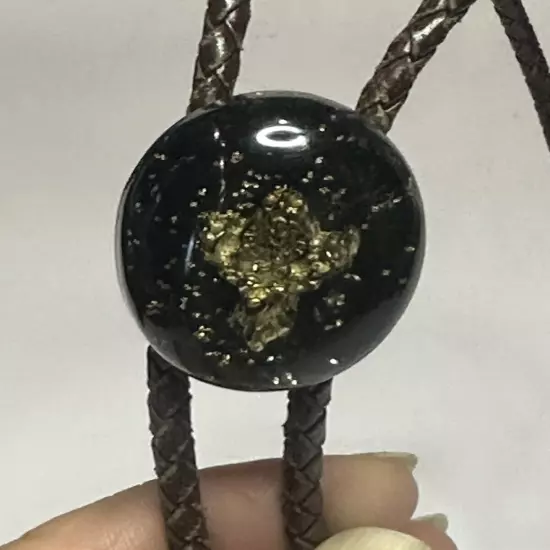 Bolo Tie Metal Stag-head Red Eyes With Clock Gold Tone Shavings On Black Pendant