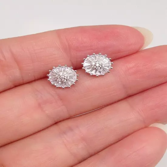 925 Sterling Silver Baguette Cz Disc Stud Earrings Womens Girls 7mm Tiny Studs