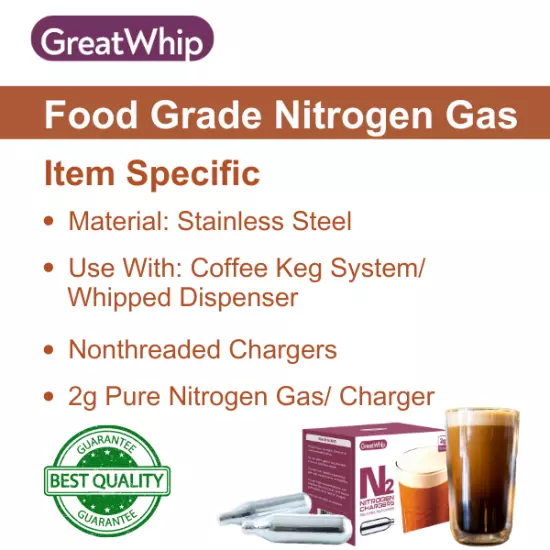 Nitrogen N2 Cartridges 2g GreatWhip for Cold Brew Coffee Beer Nonthreaded 10pcs