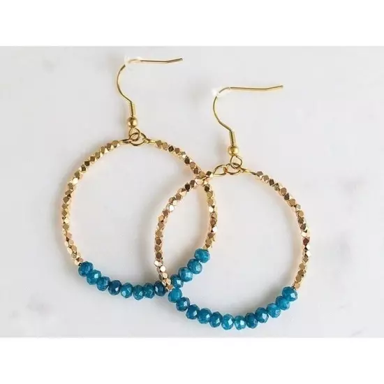 Blue Apatite Sparkly Gold Hoop Earrings dangle party earrings vacation jewelry